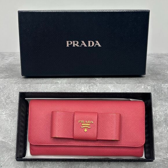 Prada Saffiano Leather Bow Continental Wallet Pink With ID Holder Bifold - Picture 15 of 16